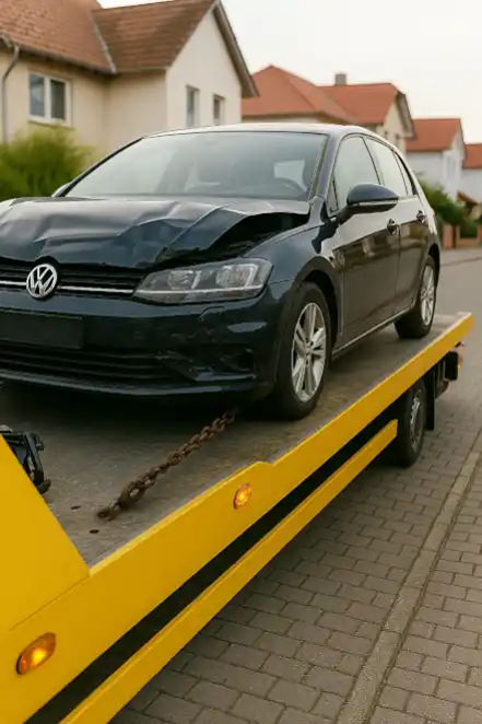 Ein defektes Fahrzeug wird zum Autoankauf in Iserlohn abgeschleppt, um es professionell bewerten zu lassen.